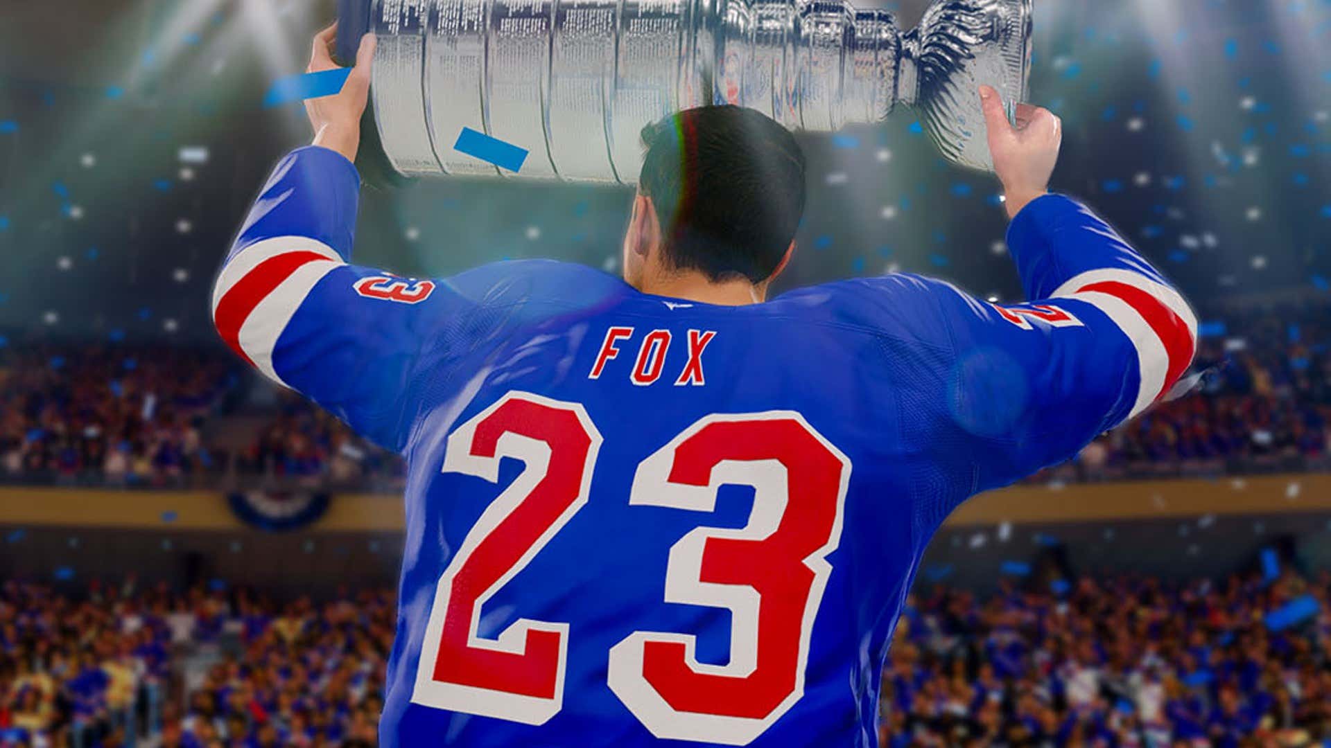 Adam Fox lifts the Stanley Cup over his head in NHL 25. 